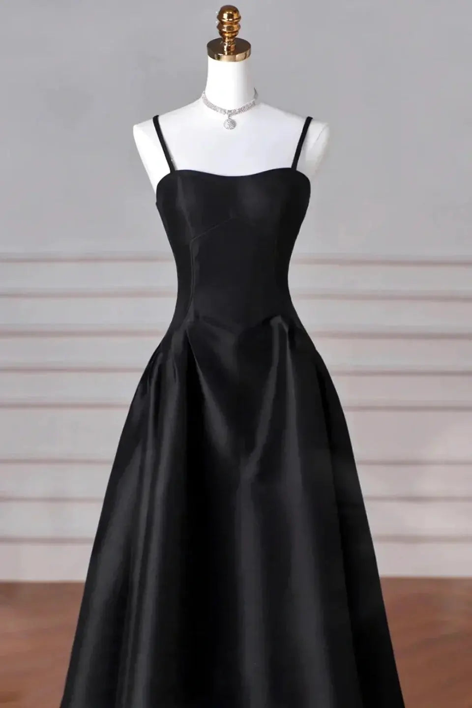 Elegant Black Satin Prom Gown A Line Floor Length Evening Dress