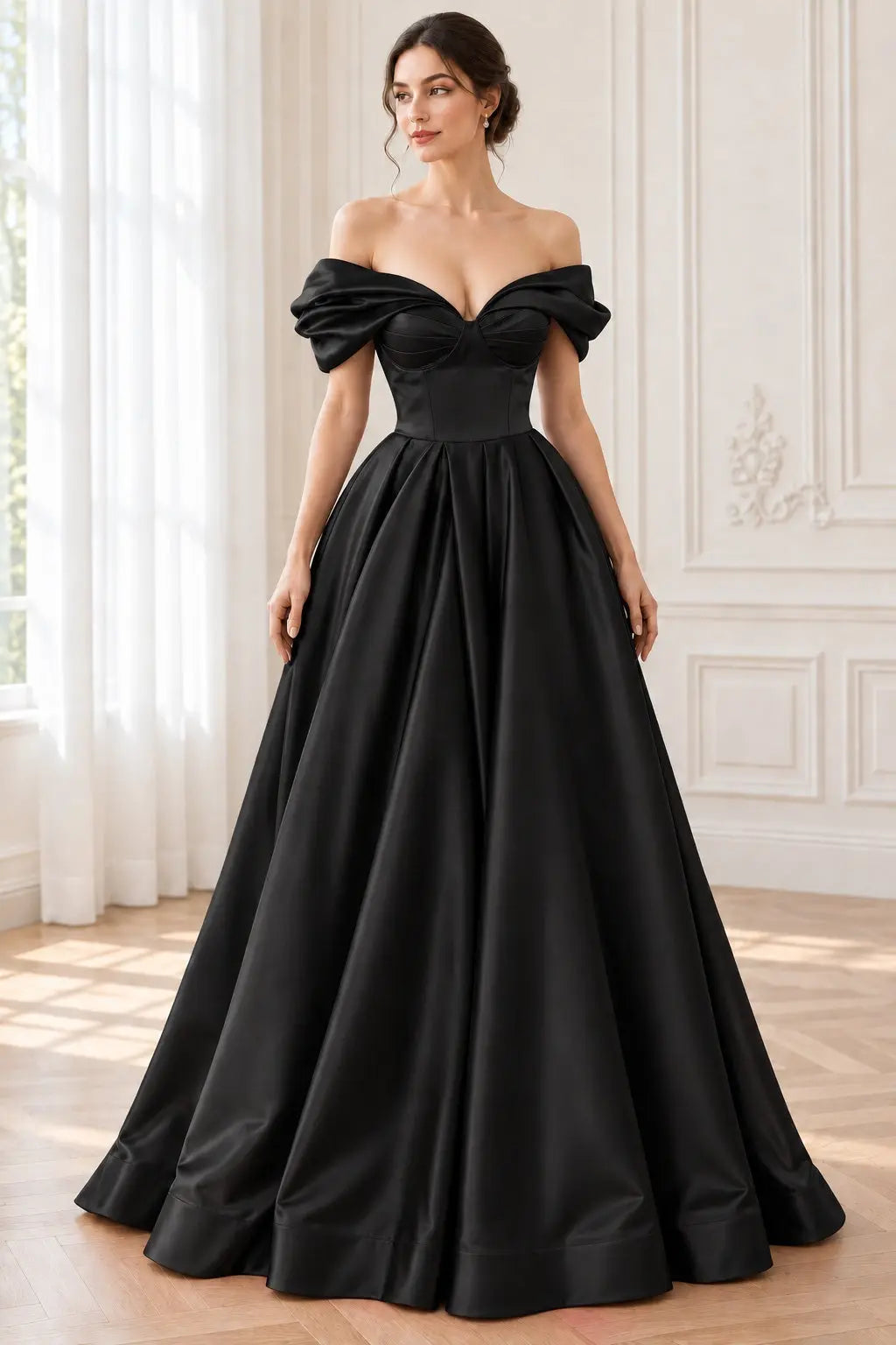 A-line Off-the-Shoulder Short Sleeve Satin Long/Floor-Length Prom Dresses With Ruffles Split