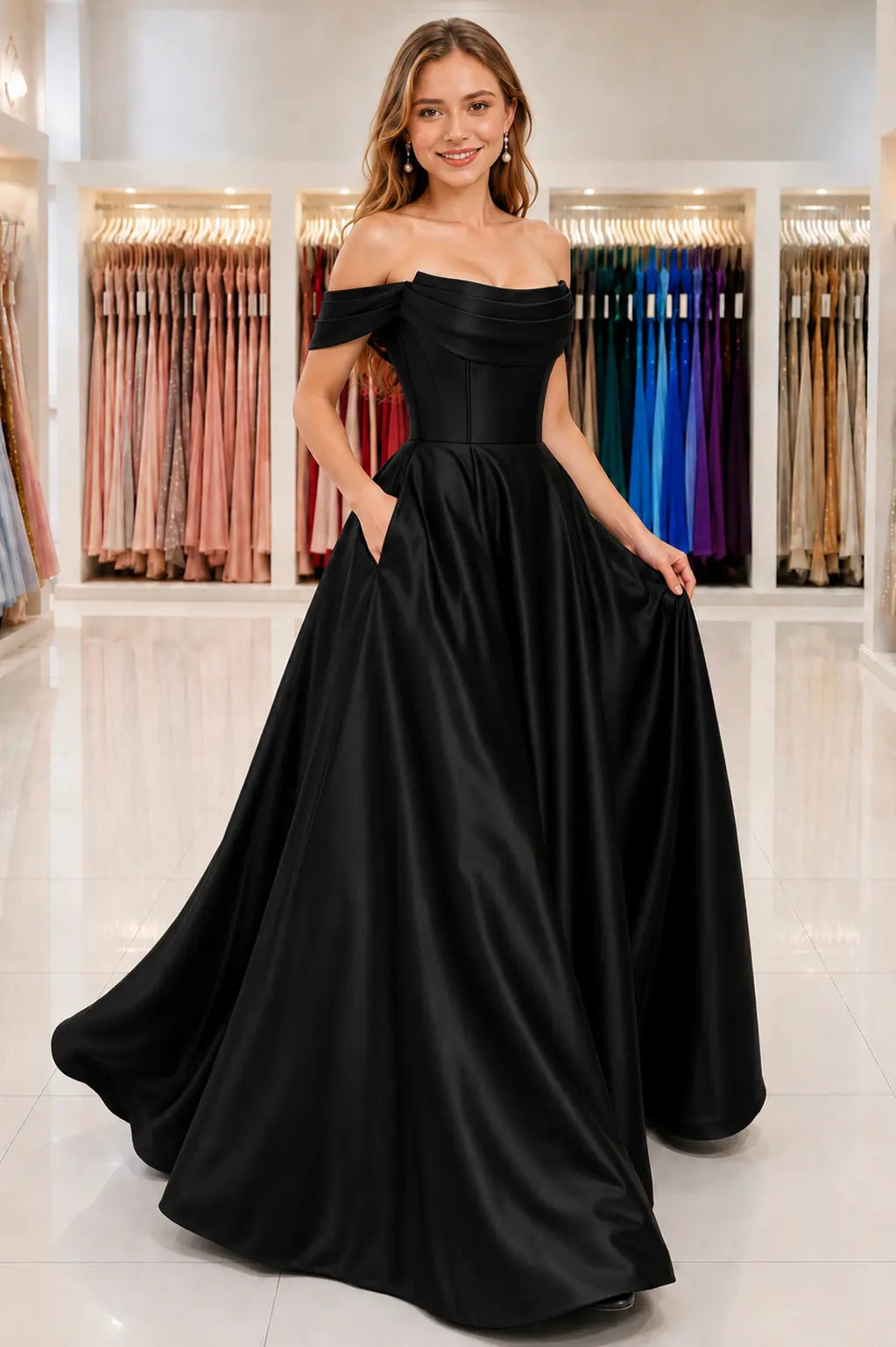 A-Line Satin Long Prom Dress, Simple Off the Shoulder Evening Party Dress With Pockets KAIDRESS