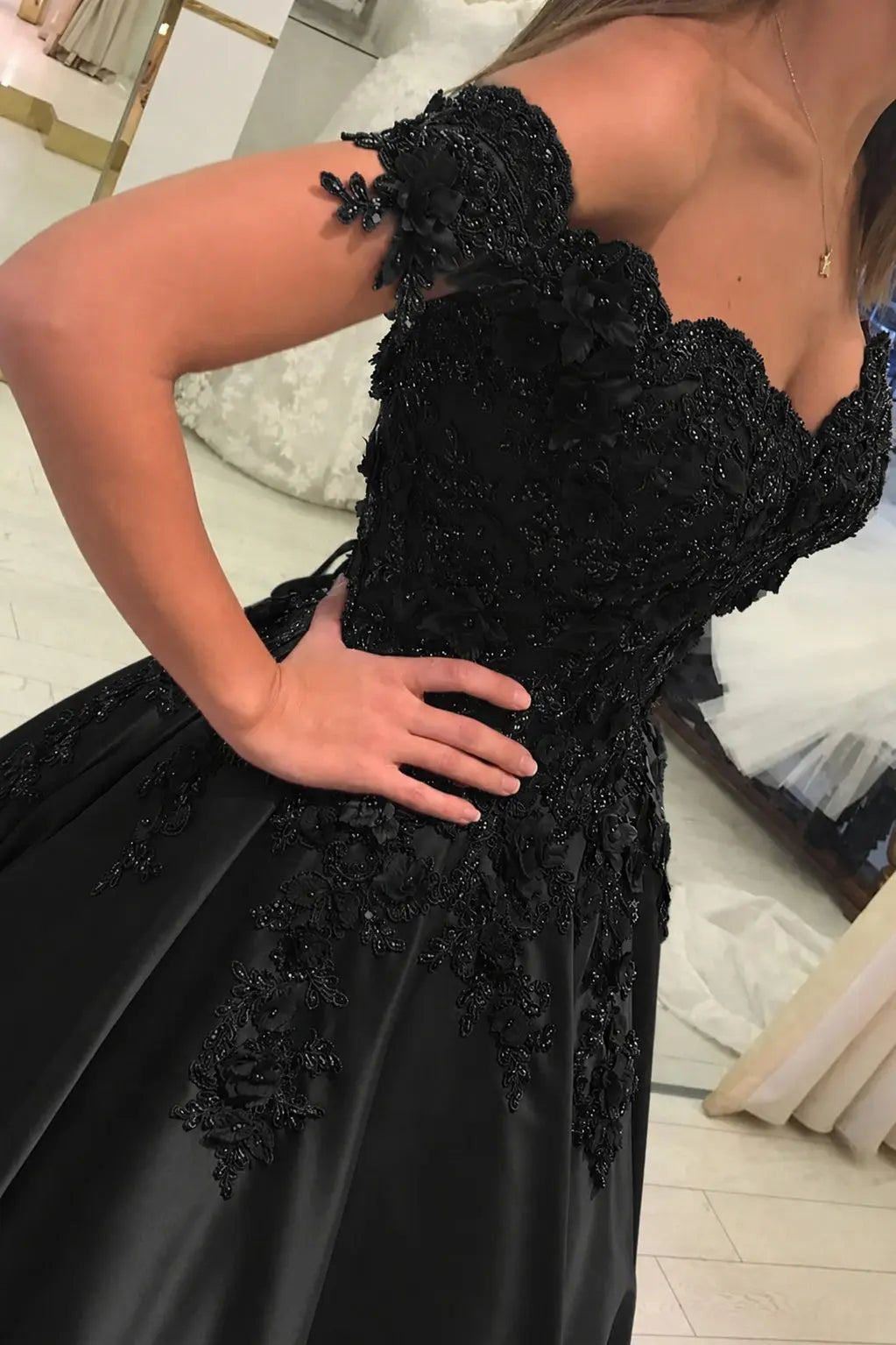 Appliqued Off-The-Shoulder Satin Princess Prom Dress With Beads