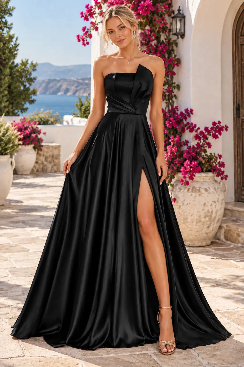 A-line Satin Formal Long Simple Sleeveless Prom Dresses with Slit