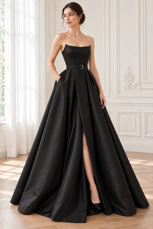 Black Satin Strapless A-Line Prom Dress with Pockets & Slit | Kaidress