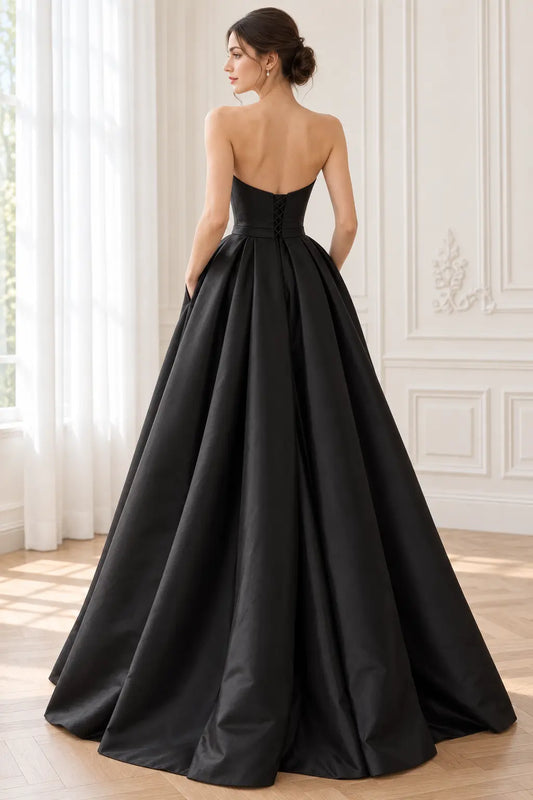 Black Satin Strapless A-Line Prom Dress with Pockets & Slit | Kaidress