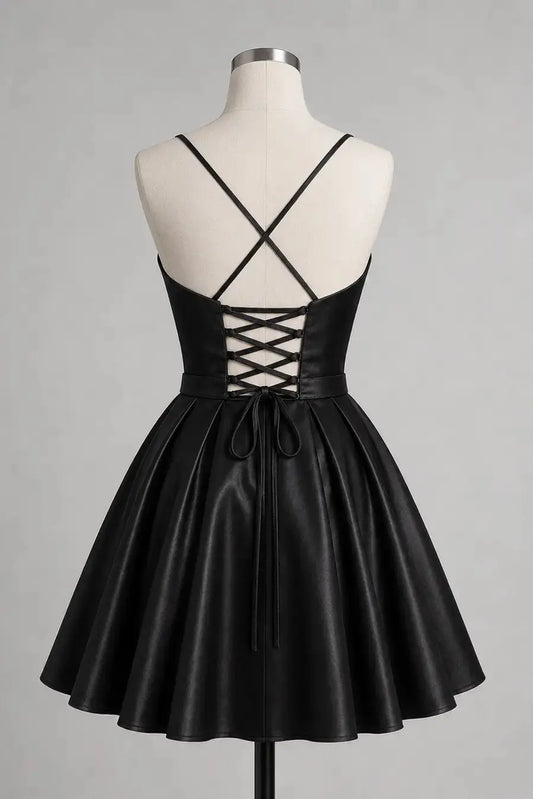 Black Satin V-Neck A-Line Corset Mini Homecoming Dress Lace-Up Back KAIDRESS