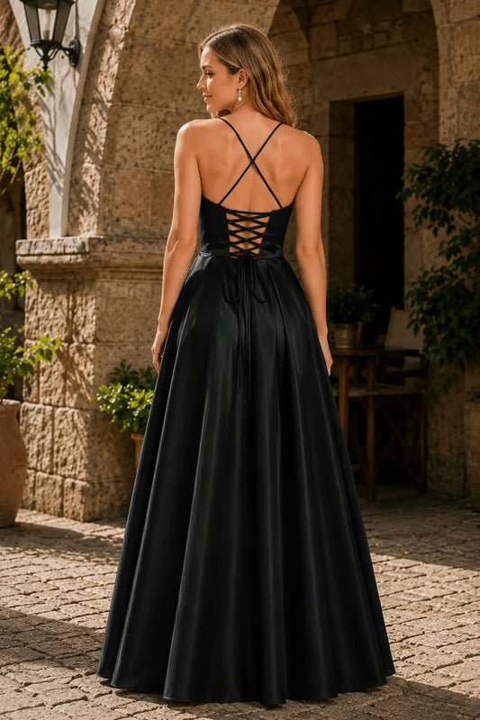 Black Satin V Neck A-Line Prom Dress Slit Pockets Ball Gown