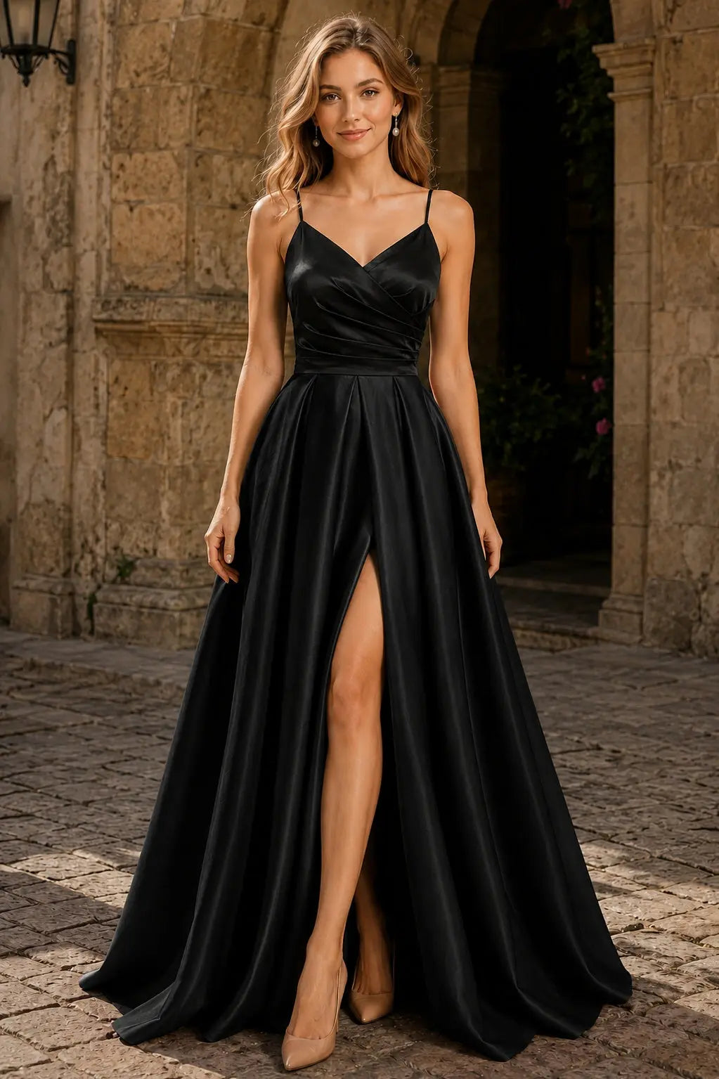 Black Satin V Neck A-Line Prom Dress Slit Pockets Ball Gown