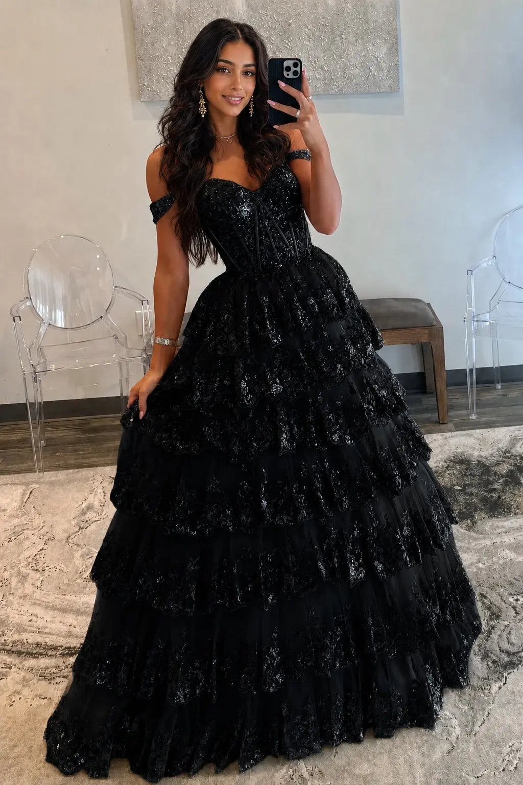A-Line/Princess Princess Off the Shoulder Sequined Lace Prom Dress KAIDRESS
