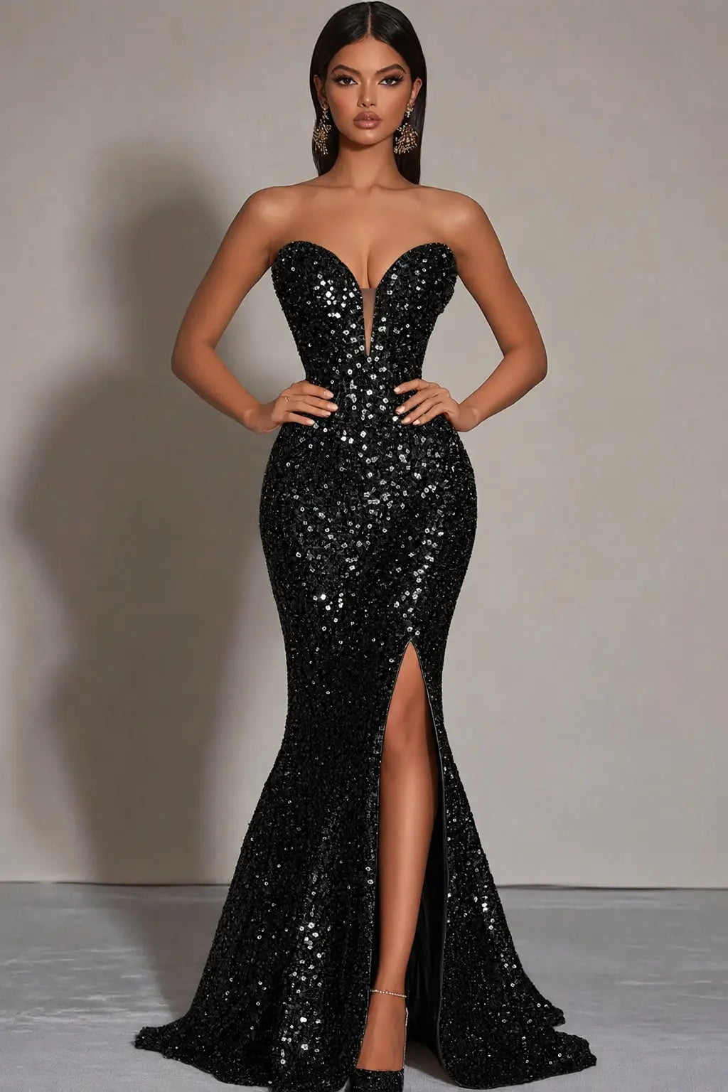 Sparkly Gold Sequins Mermaid Strapless Long Formal Dress with Slit Kaidress