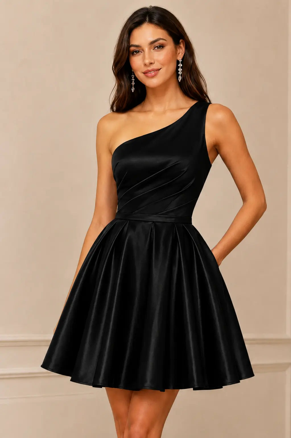 Green One Shoulder Satin Mini A Line Homecoming Dress With Pockets KAIDRESS