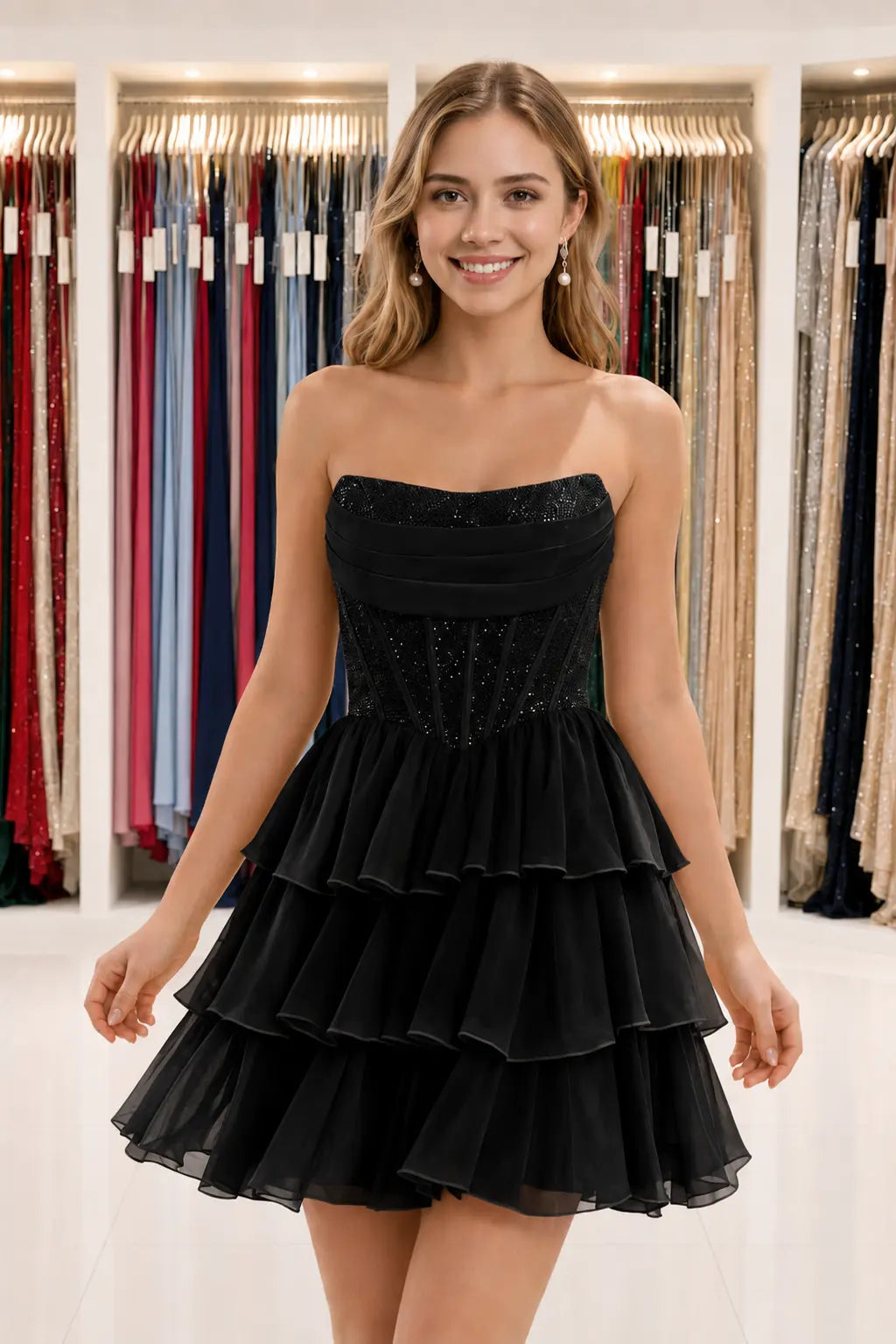 Daffodil Strapless Corset Tiered Ruffle Mini Homecoming Dress With Beading KAIDRESS
