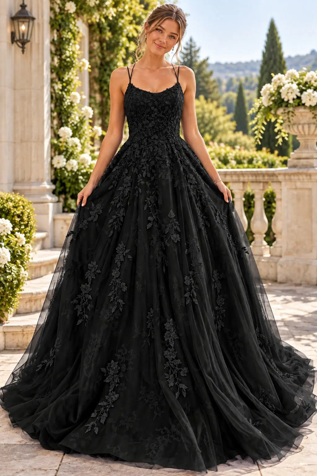 A-line Bateau Neckline Spaghetti Straps Long/Sweep Train Tulle Lace Prom Dresses