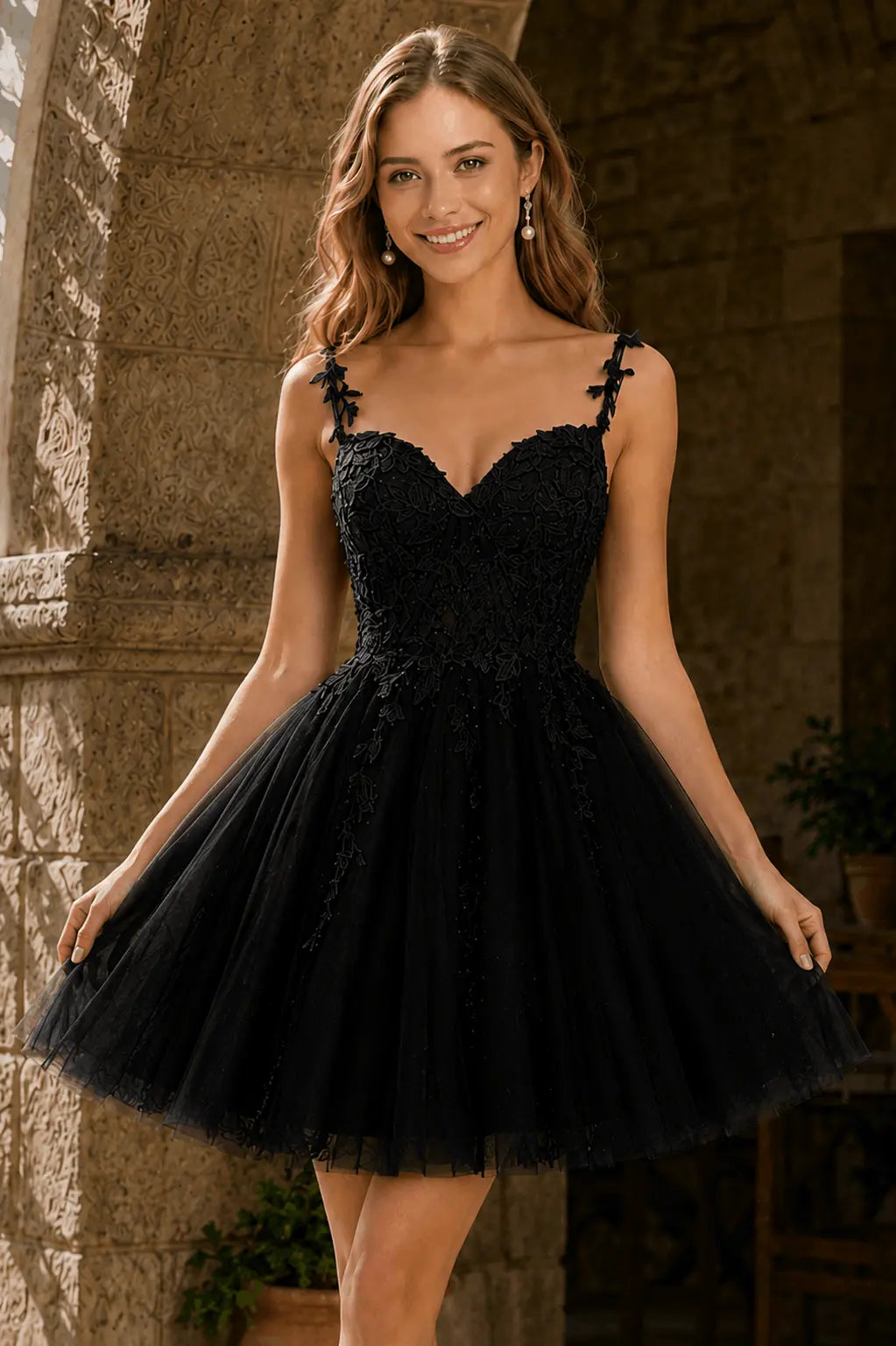 A-line V Neck Short/Mini Tulle Lace Homecoming Dress