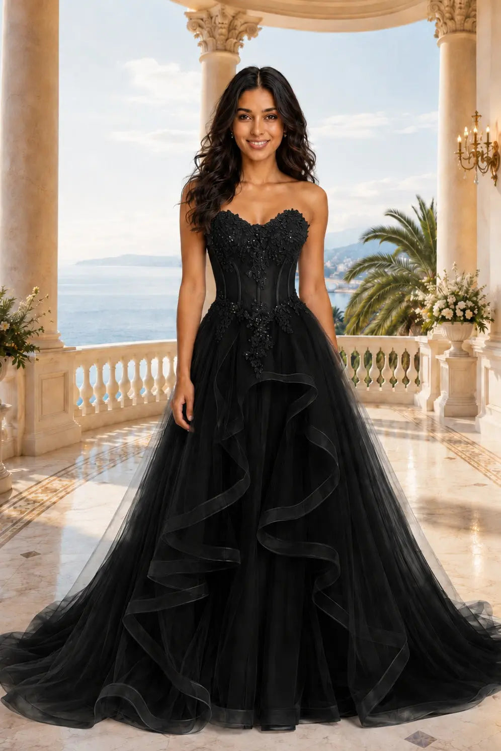 A-line/Princess Sweetheart Sleeveless Sweep Train Tulle Prom Dresses With Beading Appliqued KAIDRESS