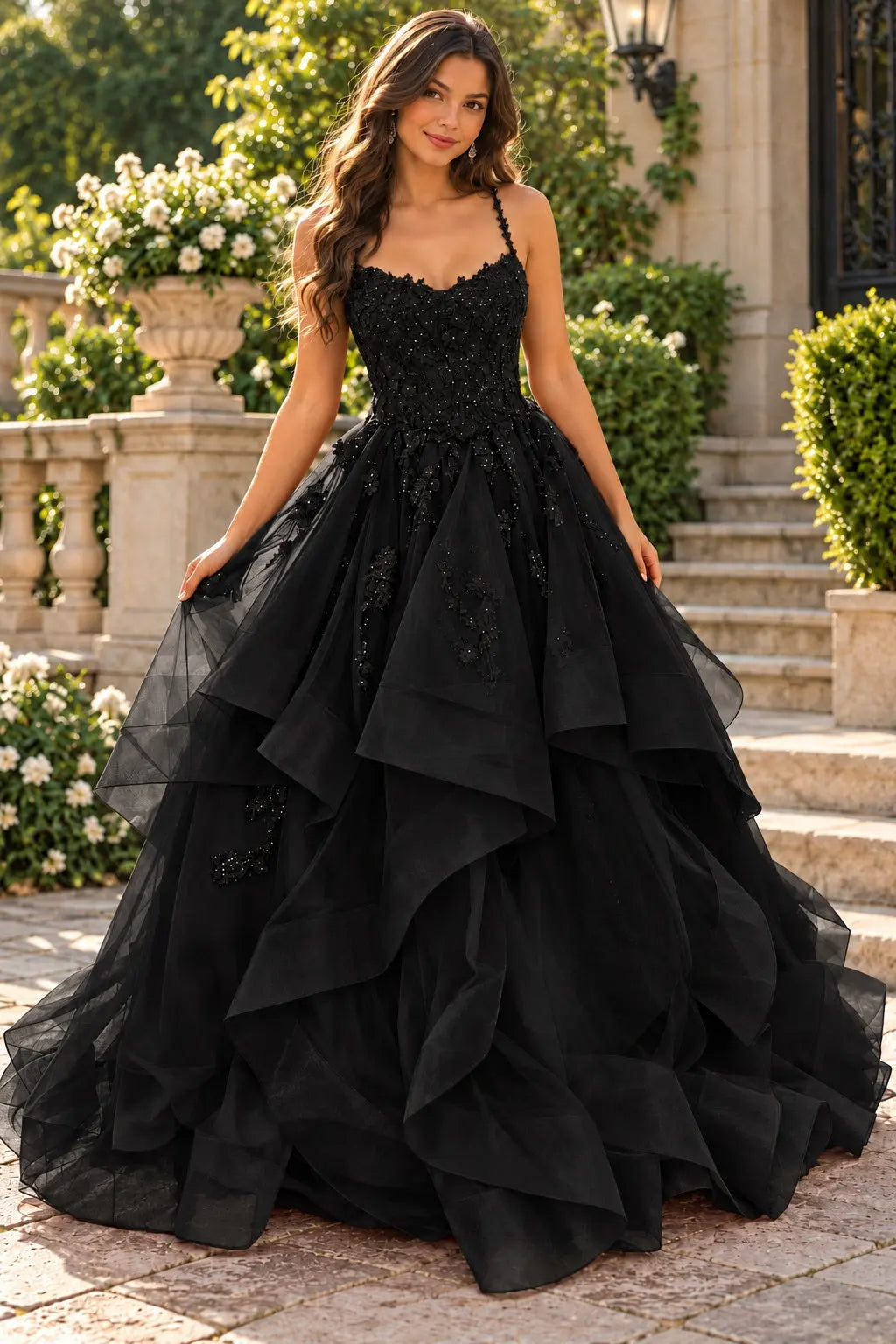 A-line Princess V Neck Floor-Length Tulle Prom Dresses with Appliqued