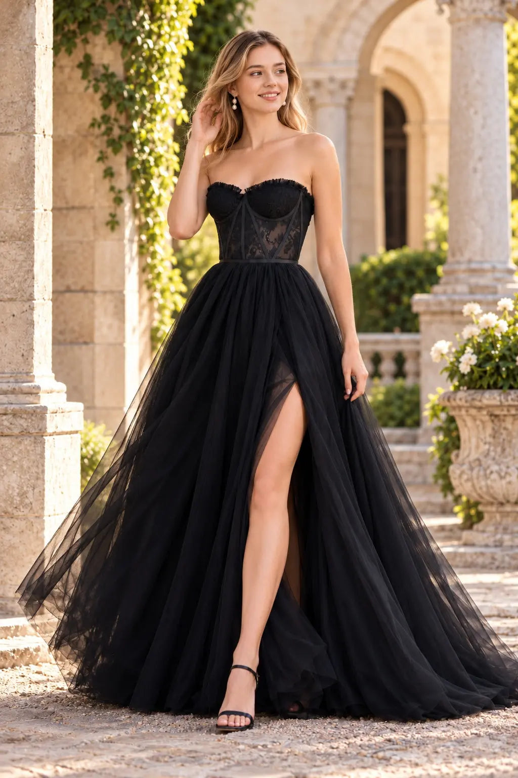 Black Tulle and Lace Corset Prom Dress with High Slit and Lace-Up Back