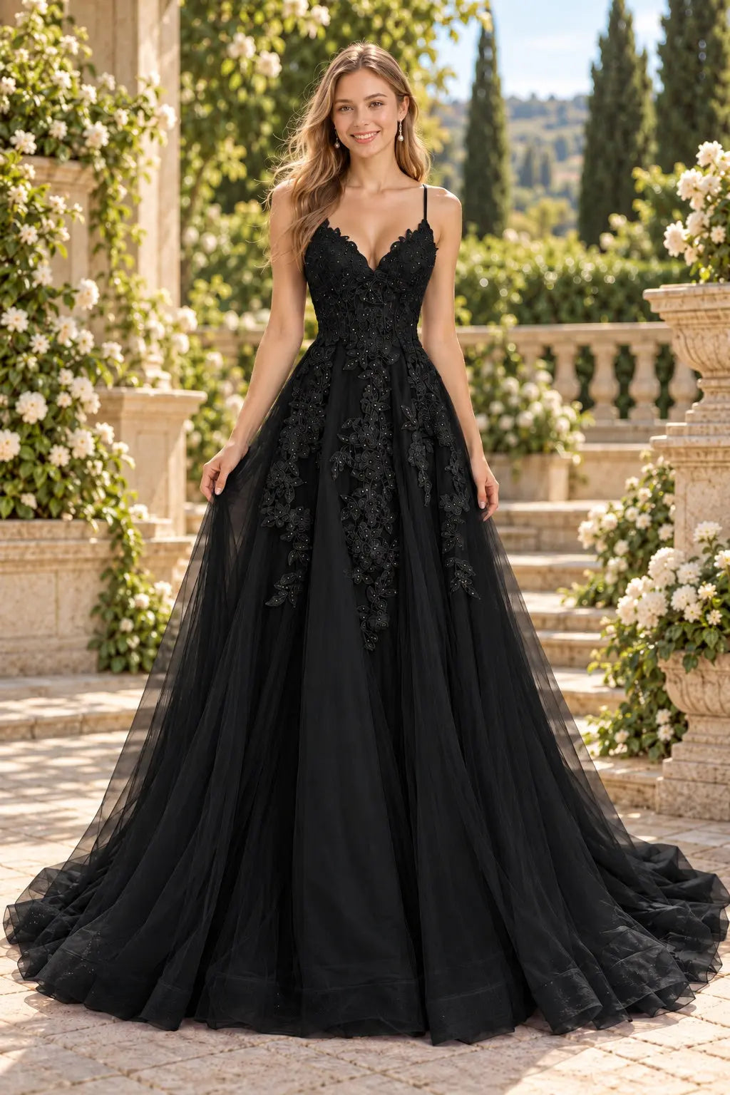 A-line V Neck Spaghetti Straps Sweep Train Tulle Prom Dress With Appliqued