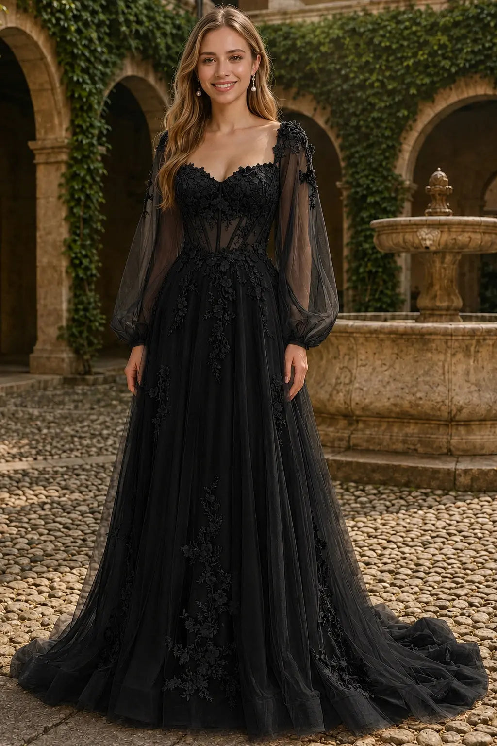A-line 3D Floral Lace Applique Tulle Long Sleeves Prom Dress
