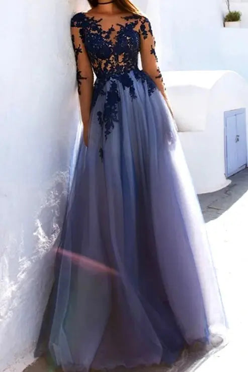 Blue Lace Tulle Prom Dress with Illusion Sleeves and Open Keyhole Back