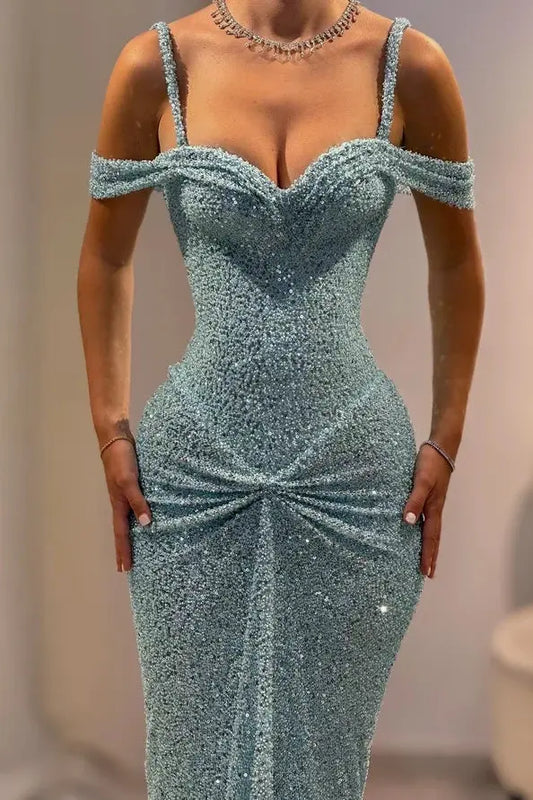 Blue Sparkly Lace Off-Shoulder Fitted Long Prom Evening Gown