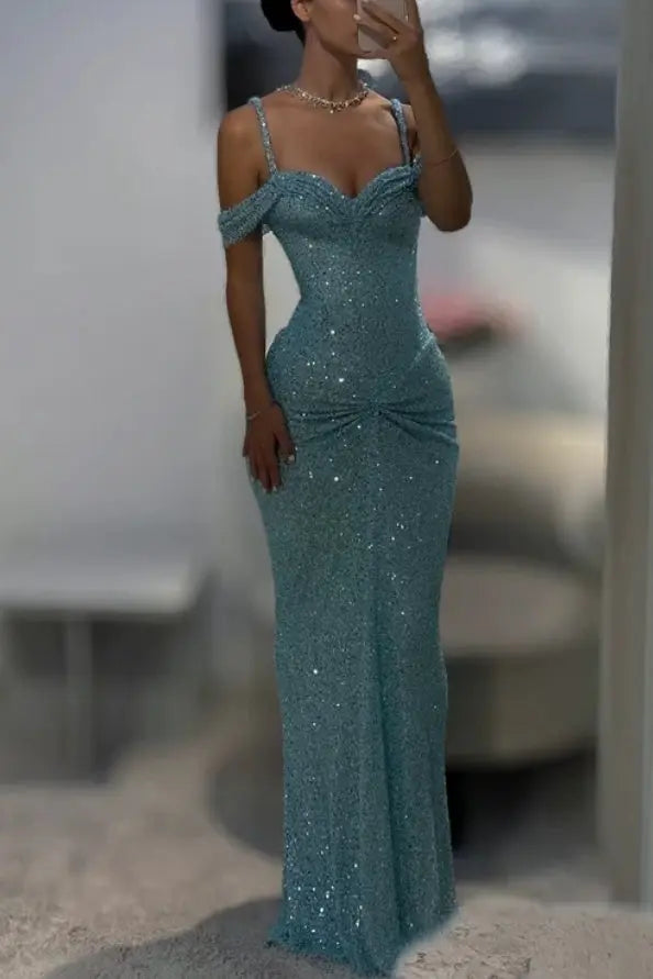 Blue Sparkly Lace Off-Shoulder Fitted Long Prom Evening Gown