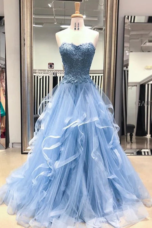 Blue Tulle Lace Long Prom Dresses Princess Layered Formal Evening Gowns