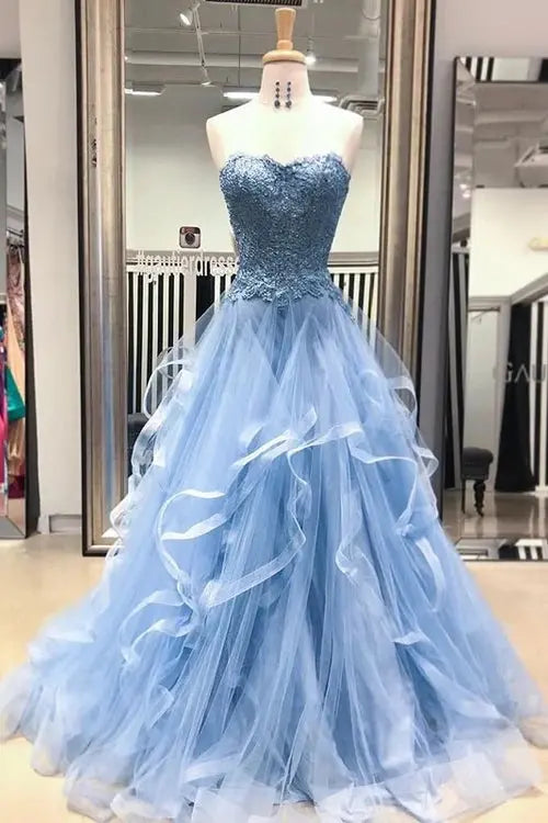 Blue Tulle Lace Long Prom Dresses Princess Layered Formal Evening Gowns