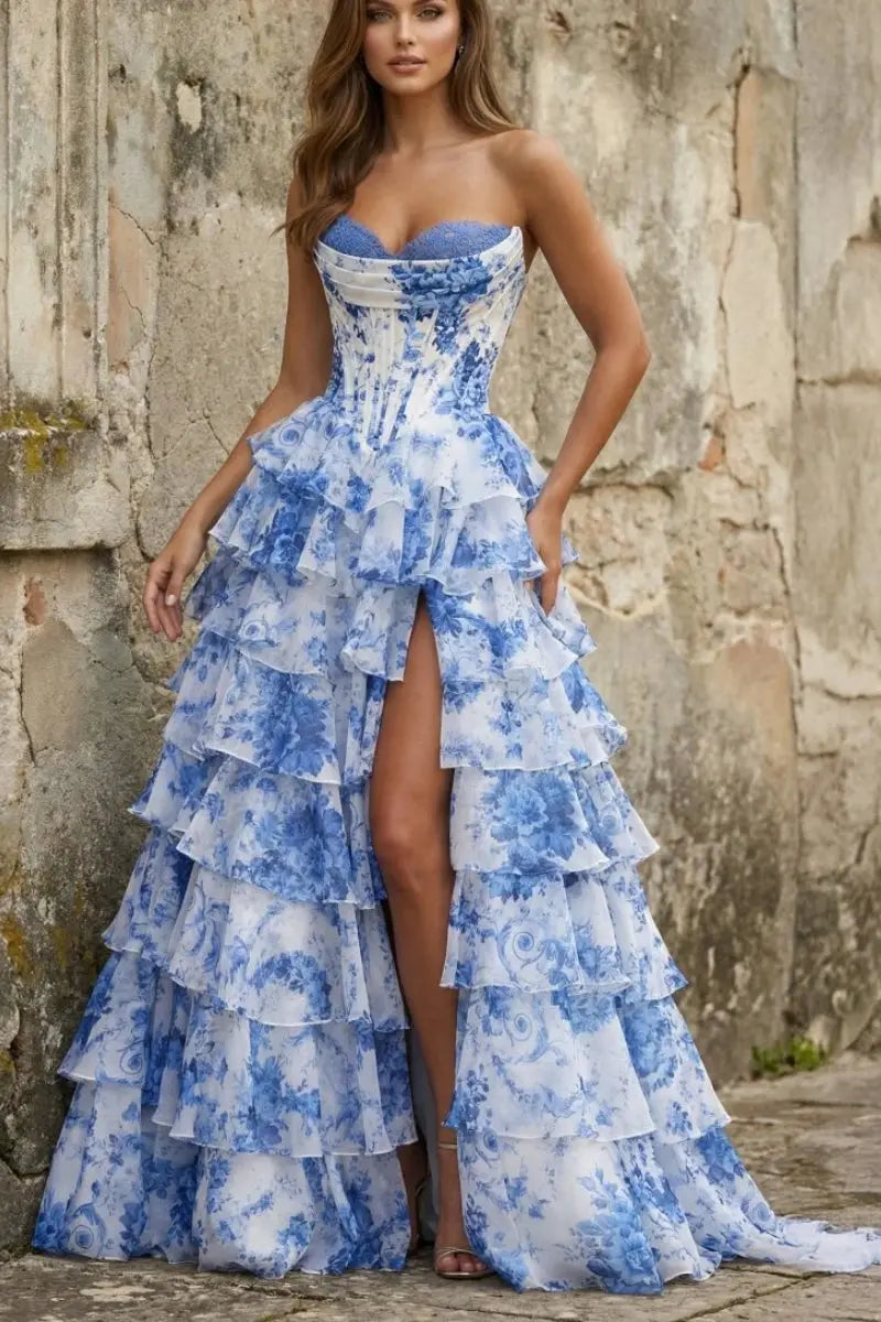 Blue & White Floral Tiered Chiffon Corset Prom Dress with a Front Slit
