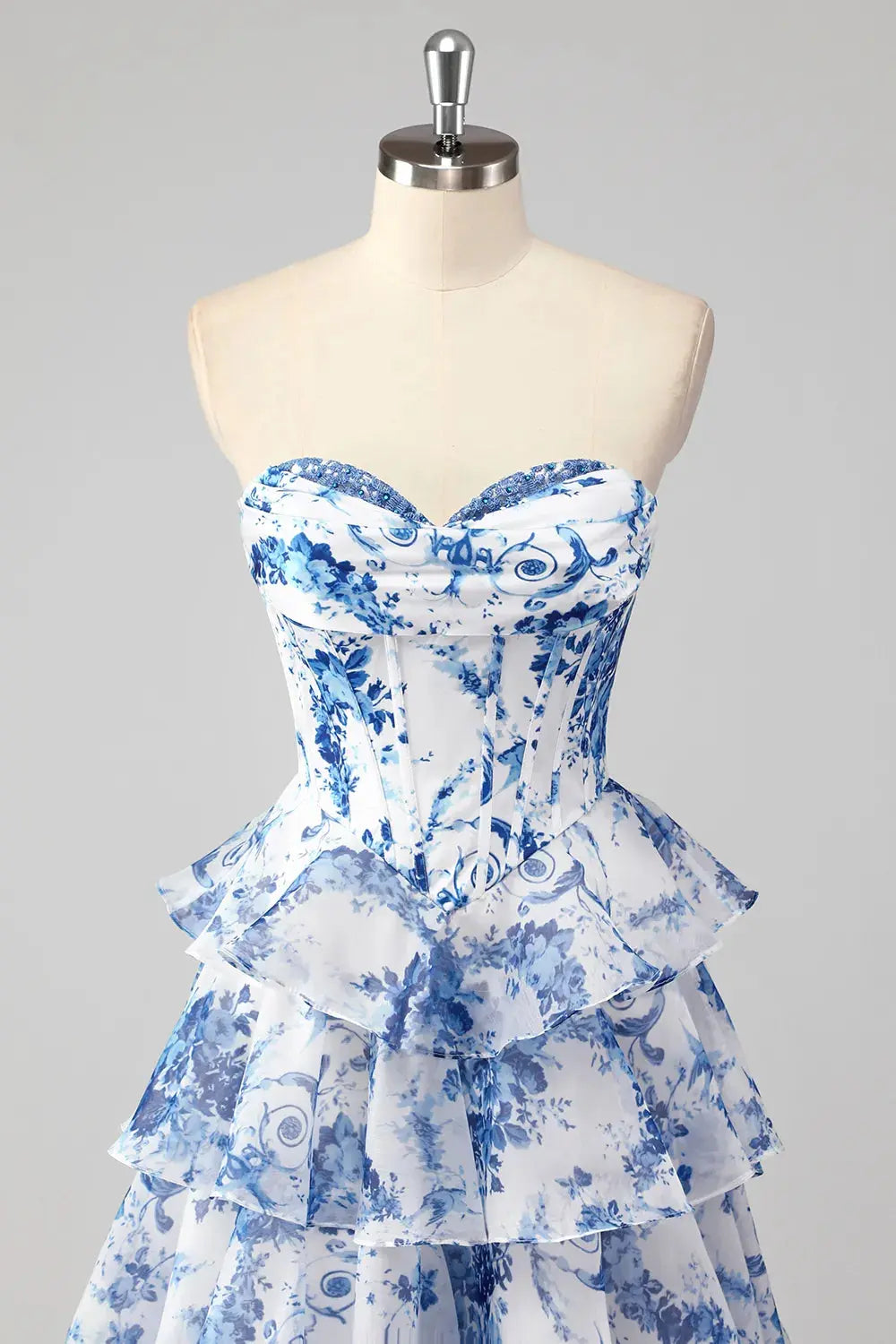 Blue & White Floral Tiered Chiffon Corset Prom Dress with a Front Slit