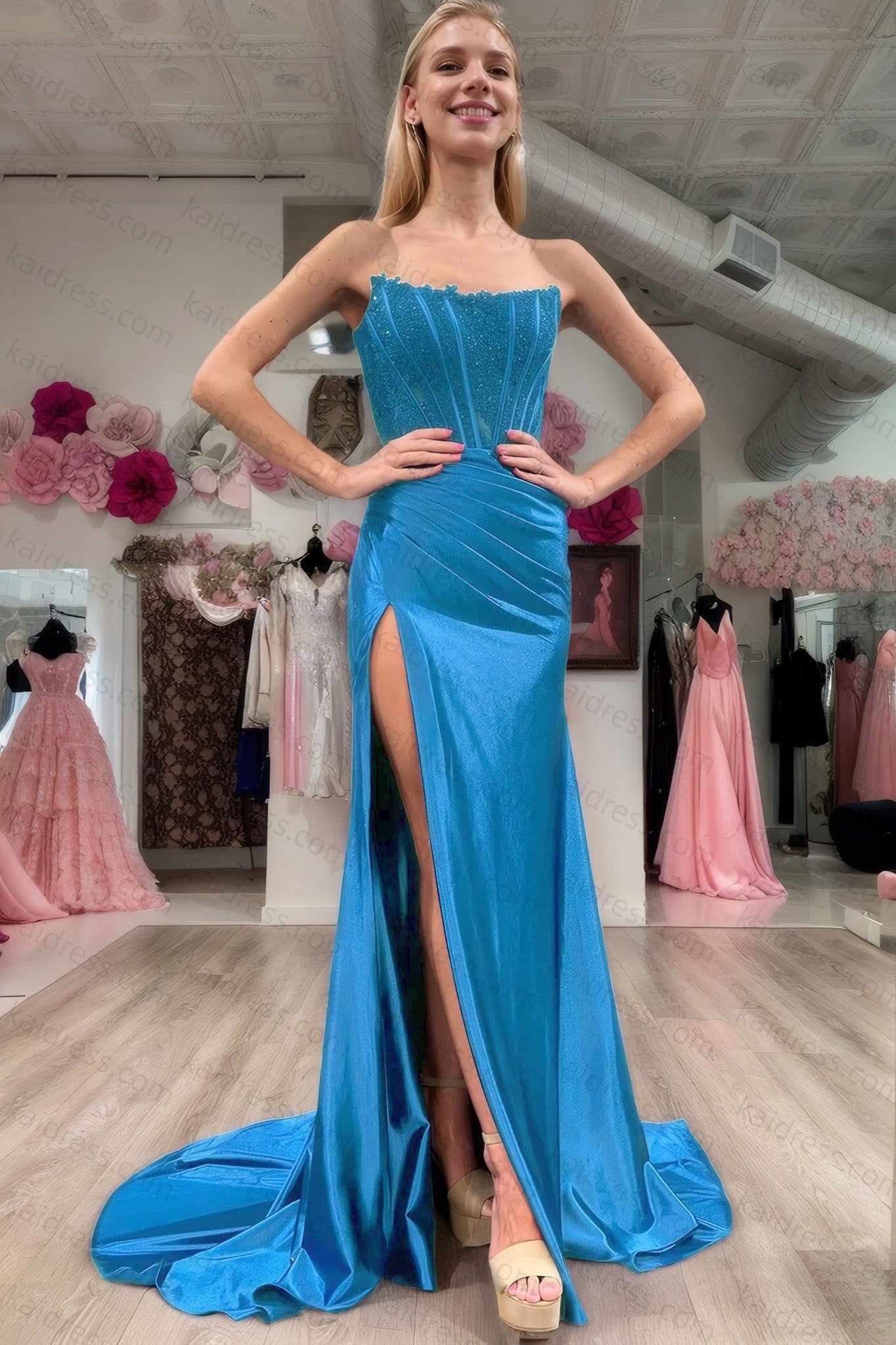Sheath/Column Elastic Woven Satin Ruched Off-the-Shoulder Sleeveless Sweep/Brush Train Prom Dresses