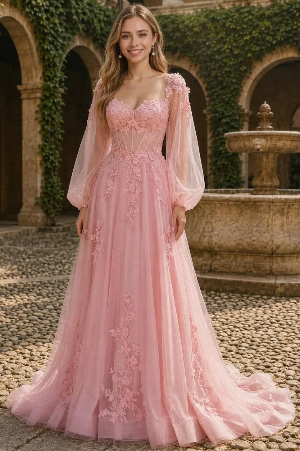 Blush Pink Tulle A-Line Prom Dress 3D Floral Long Sleeve Gown