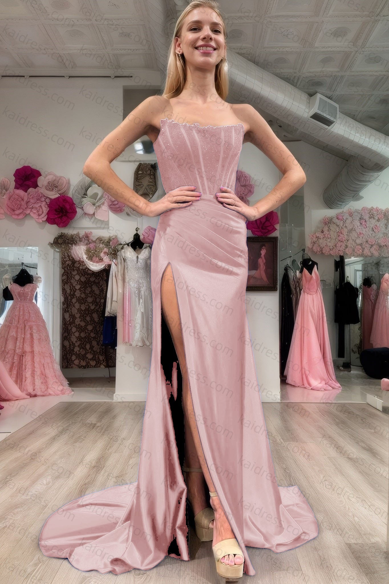 Sheath/Column Elastic Woven Satin Ruched Off-the-Shoulder Sleeveless Sweep/Brush Train Prom Dresses