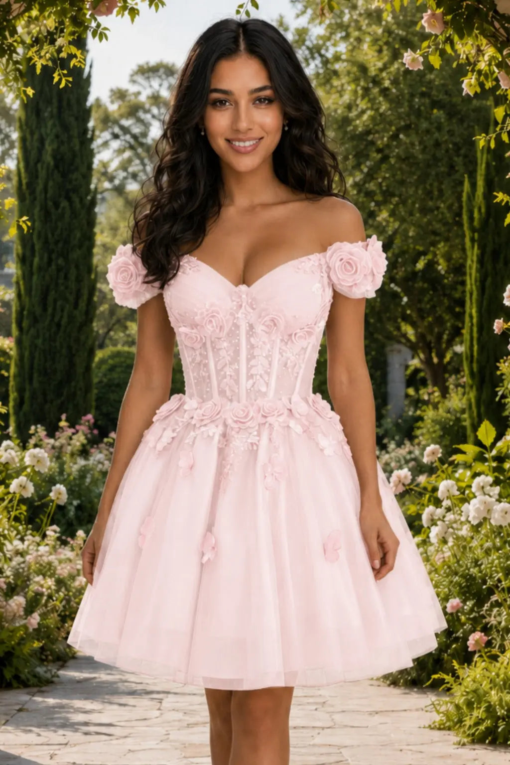 A-line Off-the-Shoulder Tulle Short/Mini Homecoming Dress with Appliqued Flowers Sequins KAIDRESS