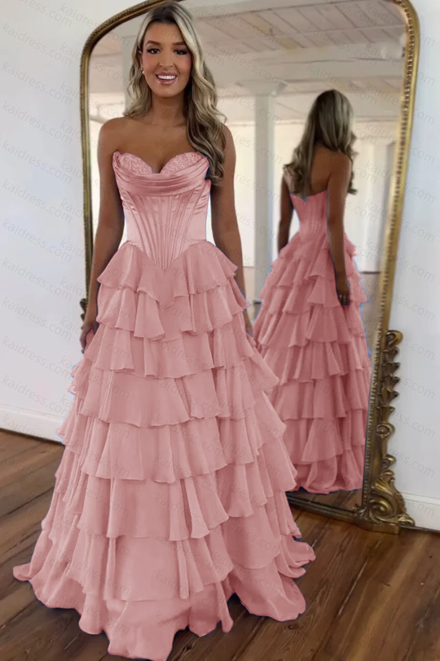 A Line Blue Sweetheart Chiffon Ruffled Long Corset Prom Dress with Slit