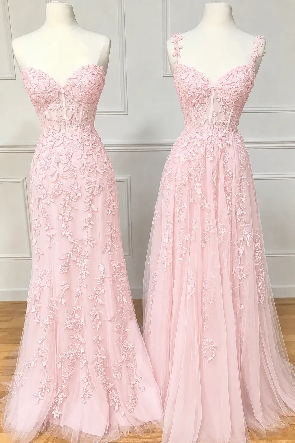 A-line Sweetheart Spaghetti Straps Sweep Train Lace Prom Dress With Beading Kaidress