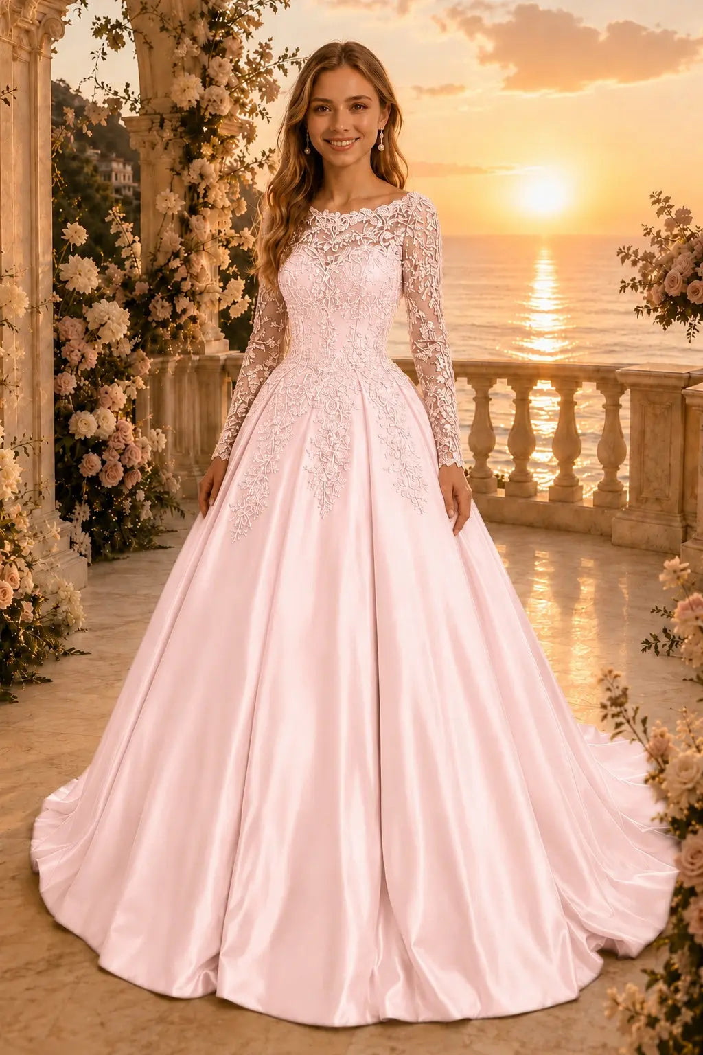 Ball Gown Long Sleeves Off-the-Shoulder Chapel Train Applique Satin Prom Dresses Kaidress