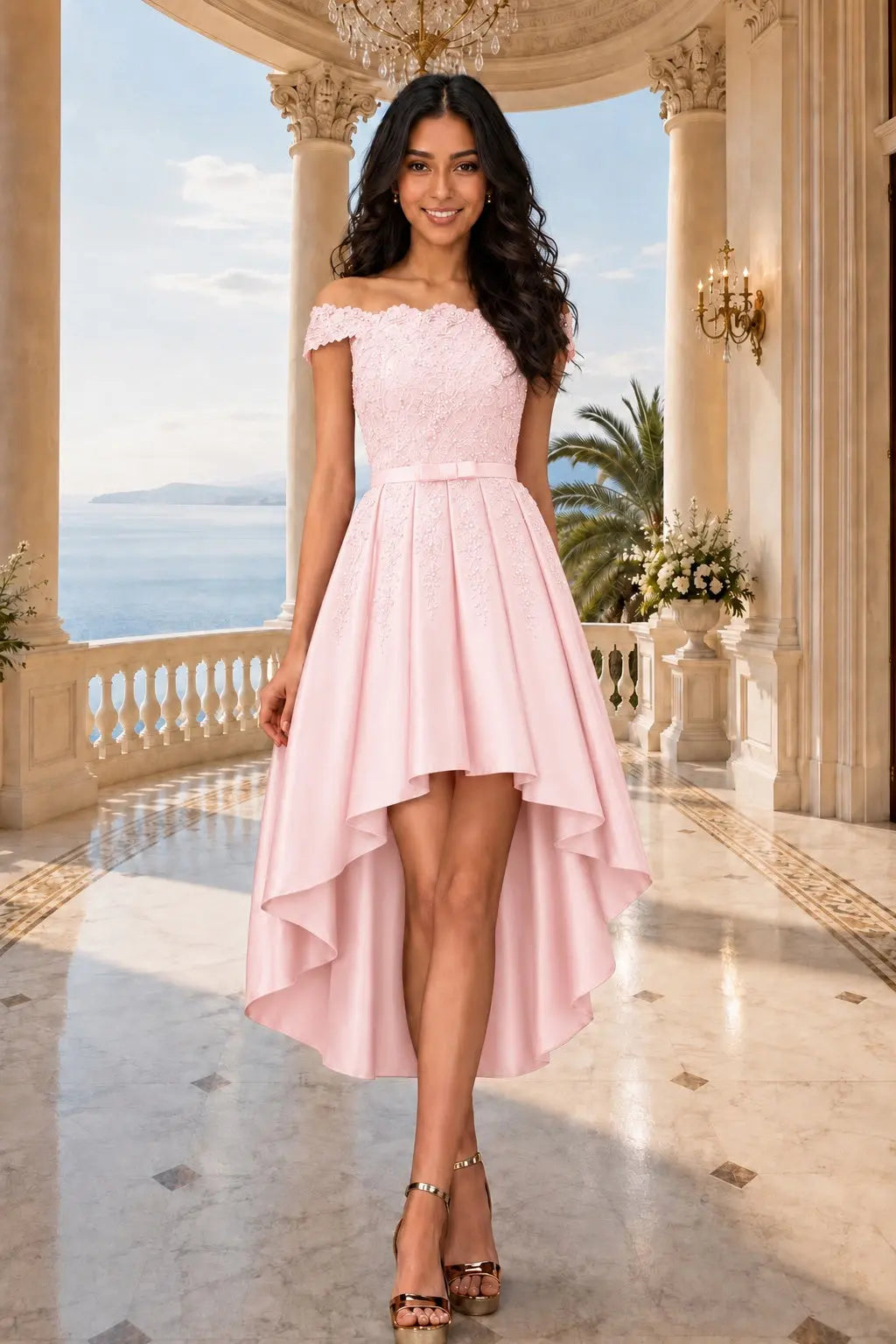 A-line Burgundy Satin Off the Shoulder A Line Strapless Lace Tulle Asymmetrical Dress With Pockets KAIDRESS