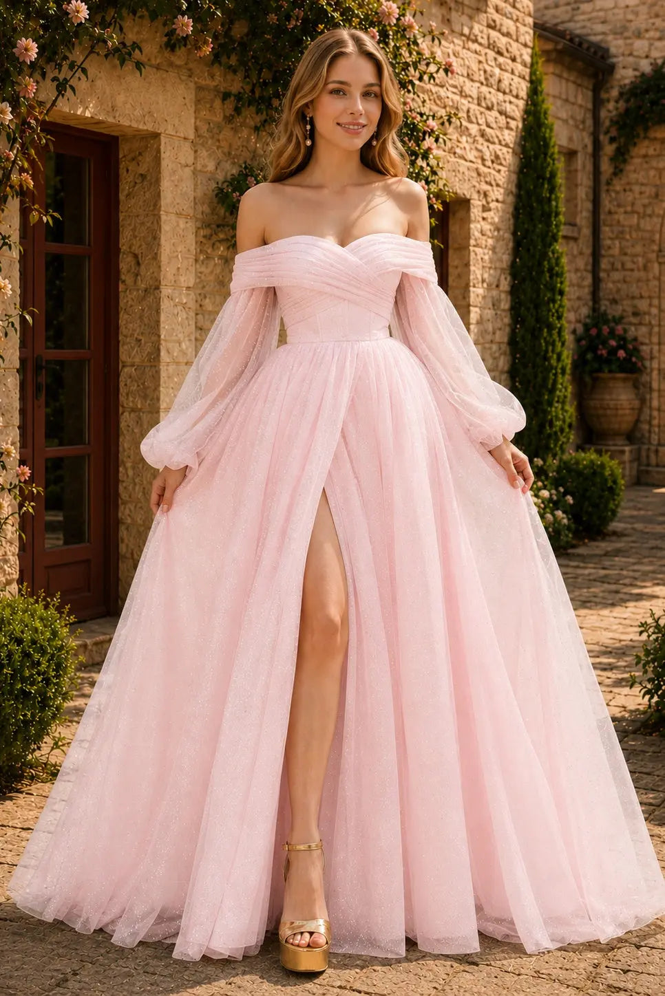 A-Line/Princess Tulle Ruched Long  Off-the-Shoulder Long Sleeves Prom Dresses Detachable Sleeves KAIDRESS