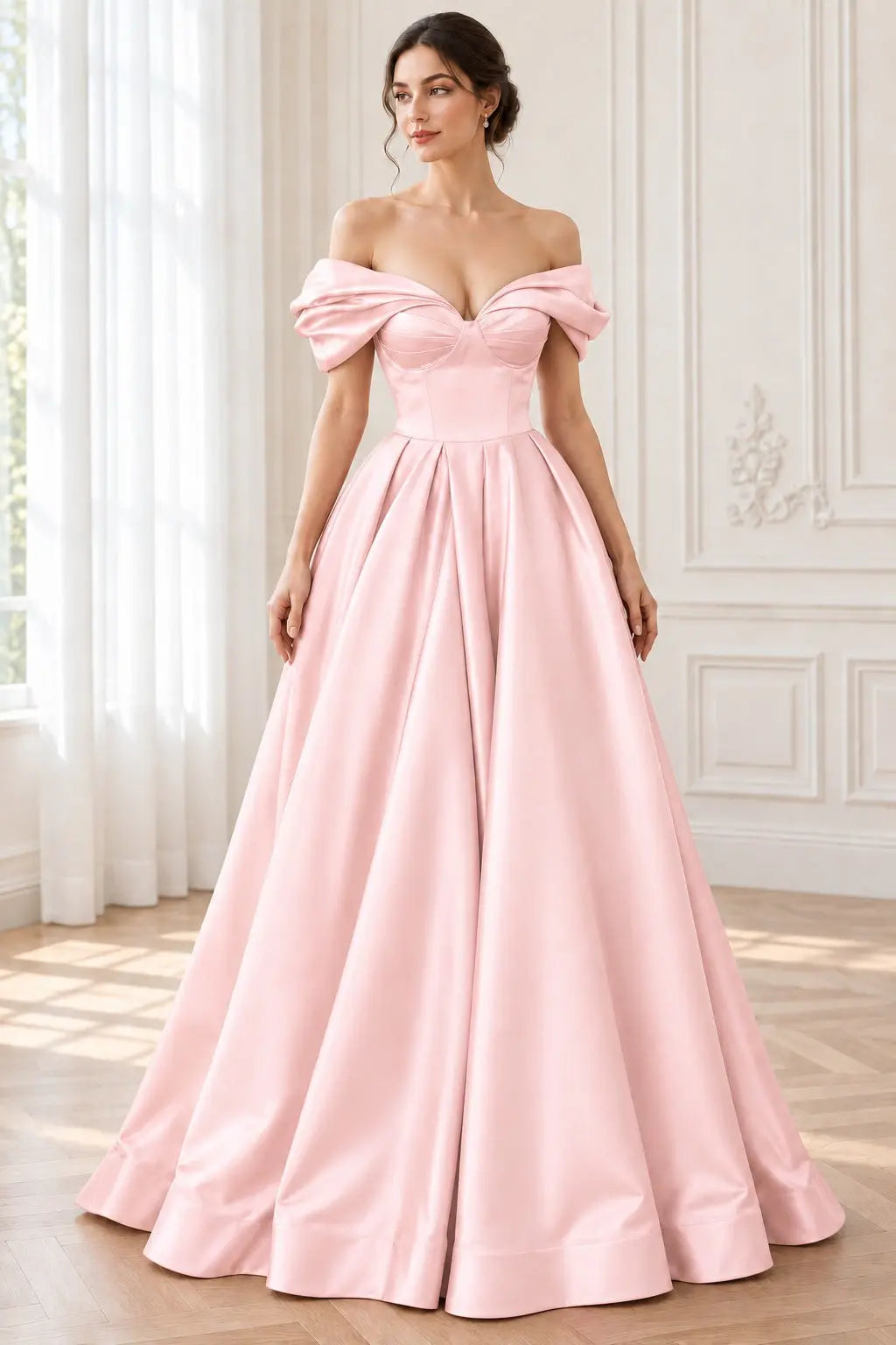 A-line Off-the-Shoulder Short Sleeve Satin Long/Floor-Length Prom Dresses With Ruffles Split
