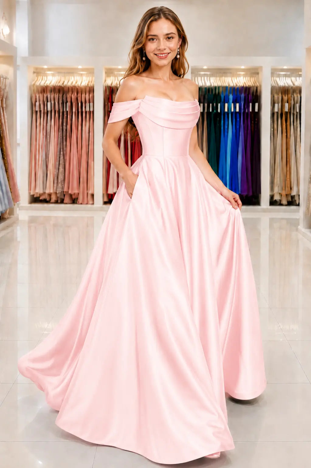 A-Line Satin Long Prom Dress, Simple Off the Shoulder Evening Party Dress With Pockets KAIDRESS
