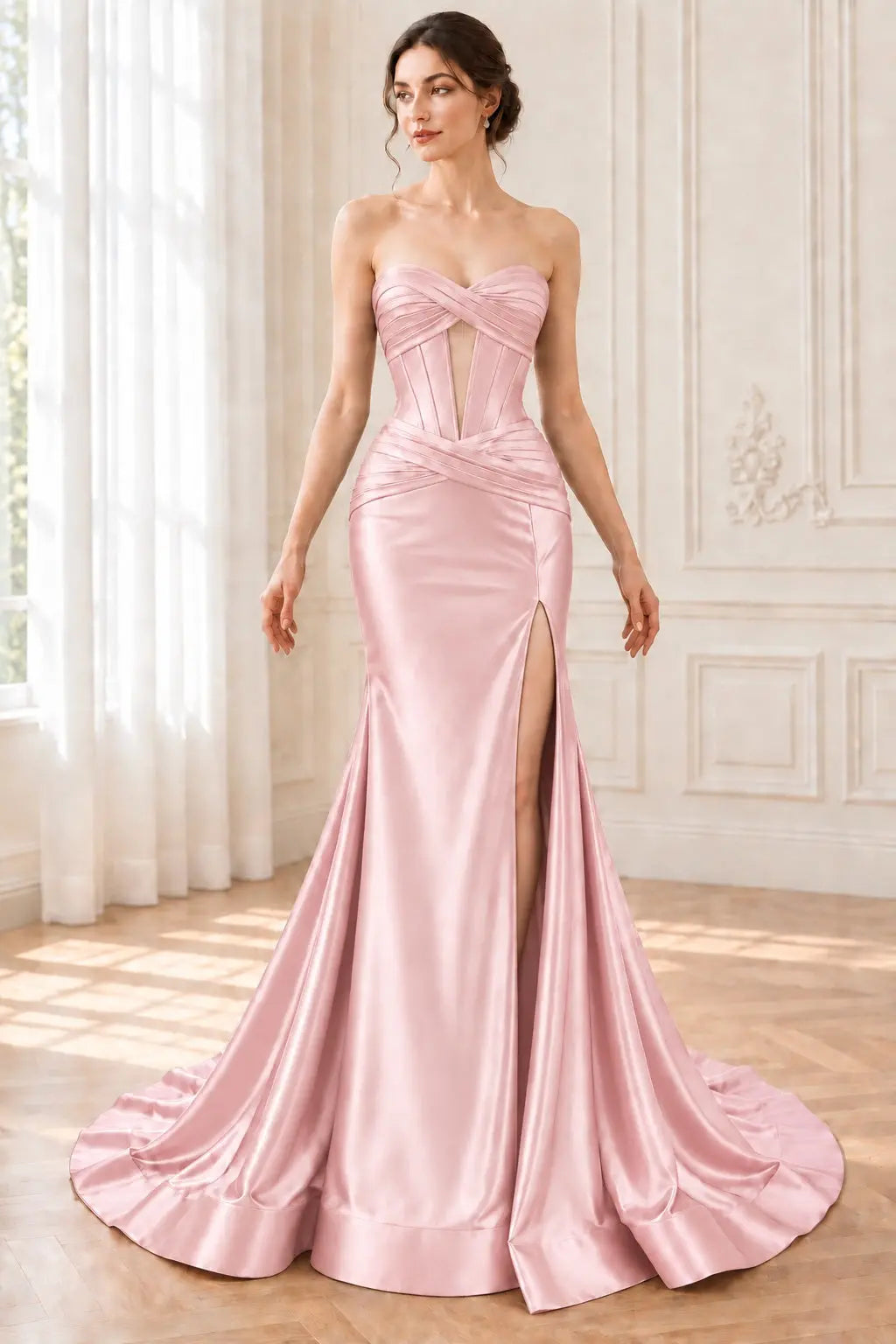 Green Silk Strapless Mermaid Prom Dresses Long Formal Evening Gown with Slit