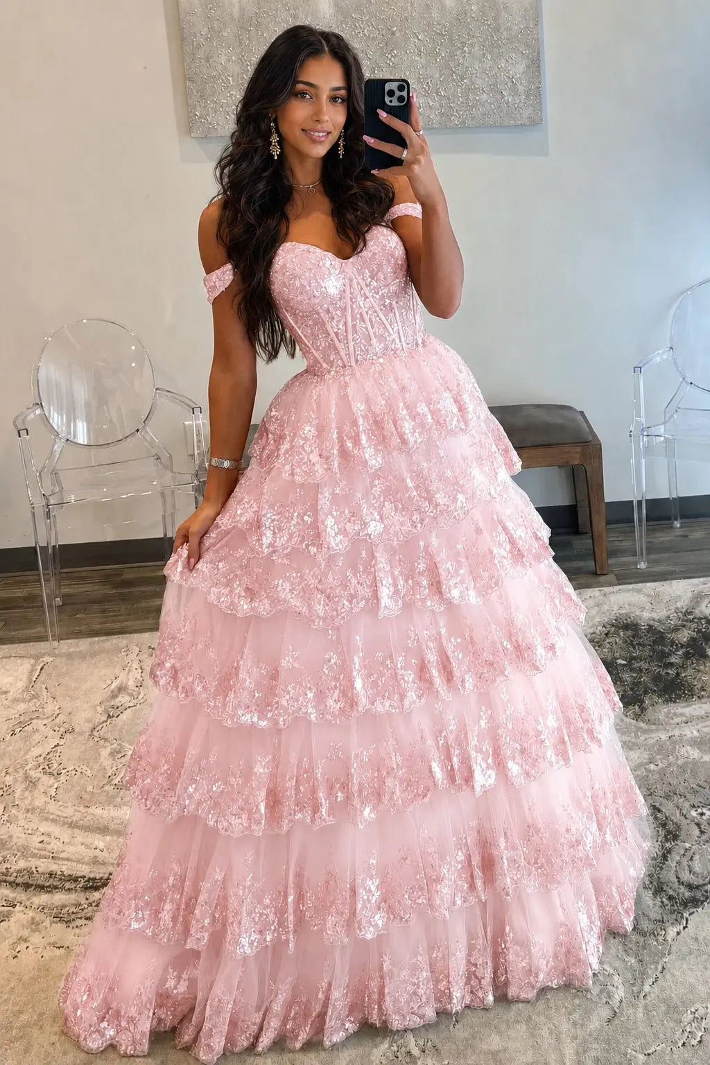 A-Line/Princess Princess Off the Shoulder Sequined Lace Prom Dress KAIDRESS