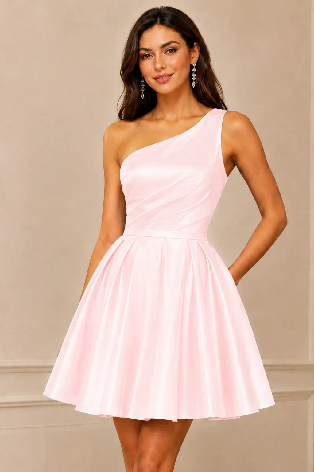 Green One Shoulder Satin Mini A Line Homecoming Dress With Pockets KAIDRESS