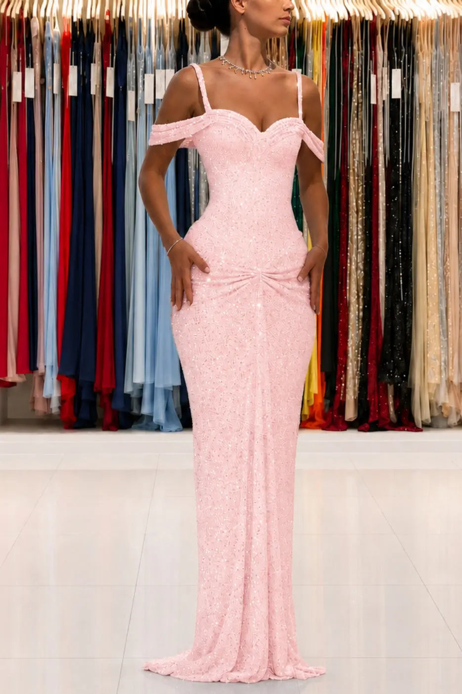 Luxury Sparkly Lace Off-Shoulder Long Beaded Prom Gown with Slender Straps KAIDRESS