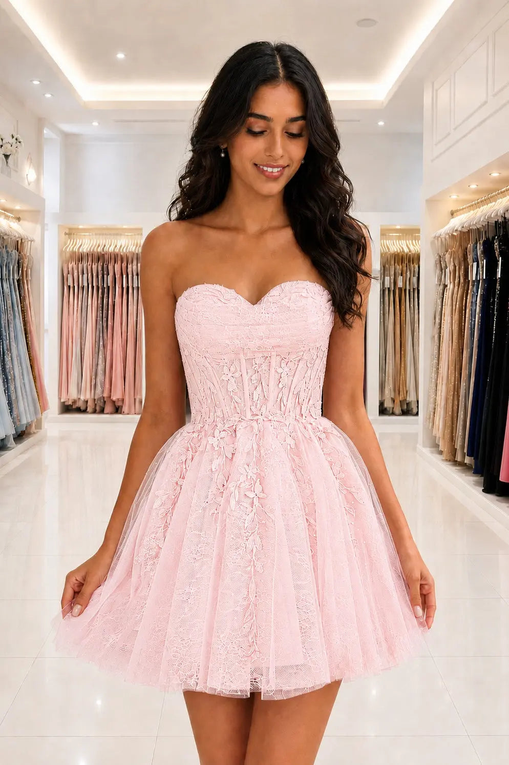 Strapless Beaded Lace Corset A-Line Mini Homecoming Dress KAIDRESS