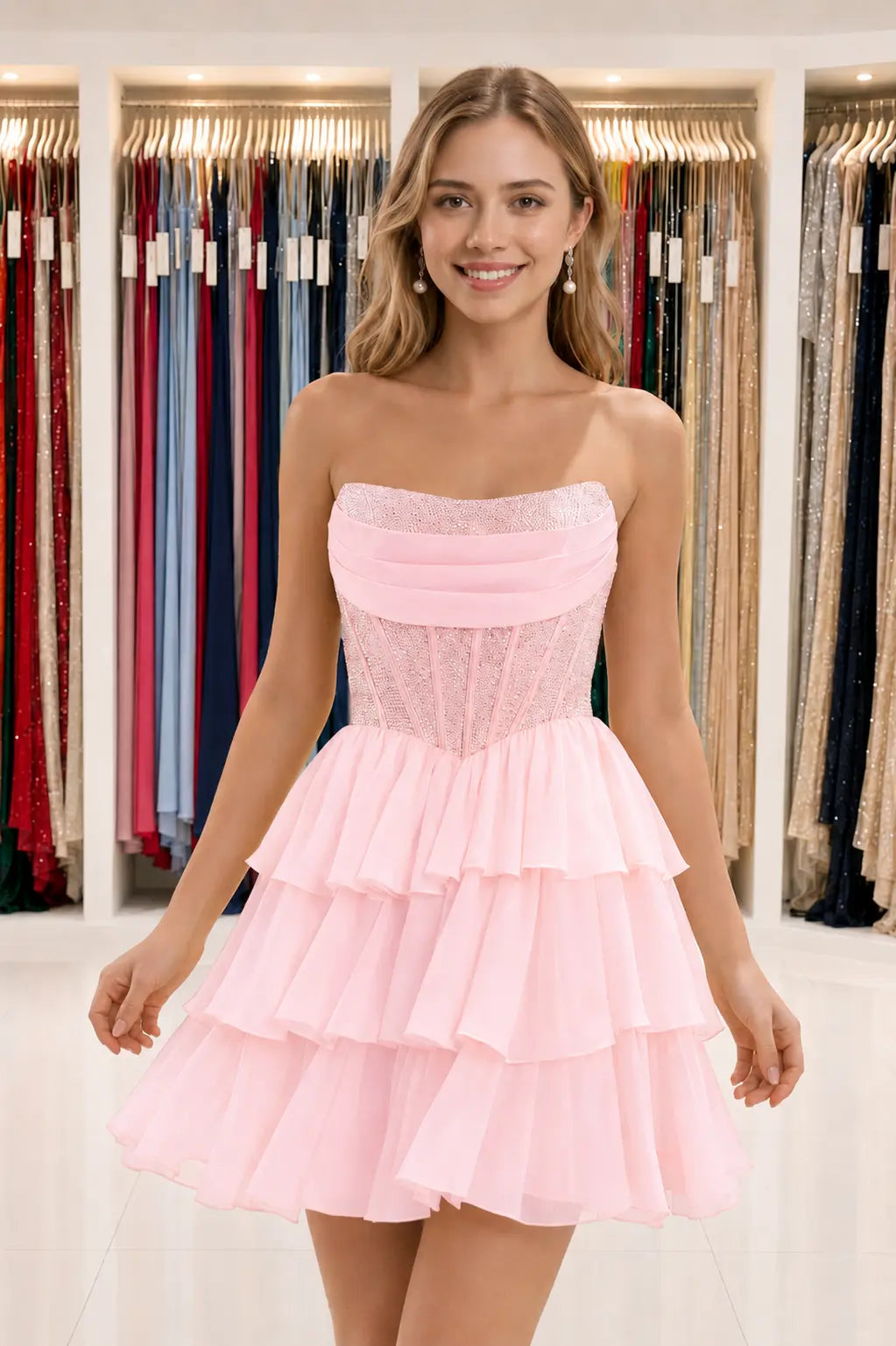 Daffodil Strapless Corset Tiered Ruffle Mini Homecoming Dress With Beading KAIDRESS