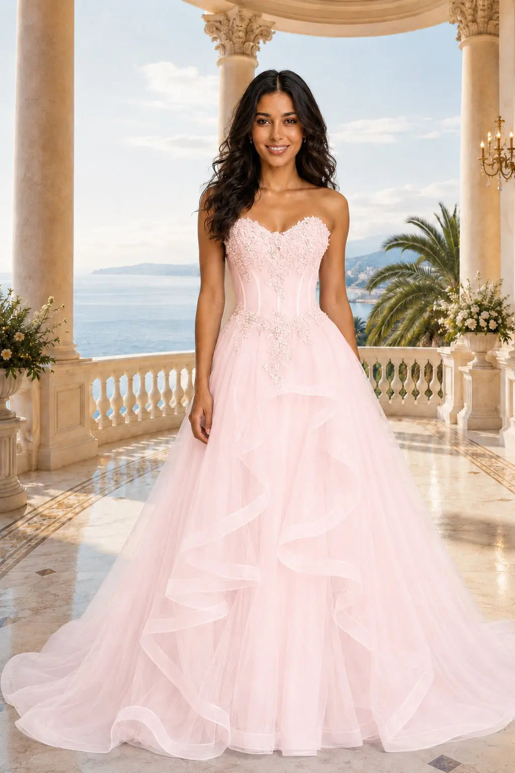 A-line/Princess Sweetheart Sleeveless Sweep Train Tulle Prom Dresses With Beading Appliqued KAIDRESS