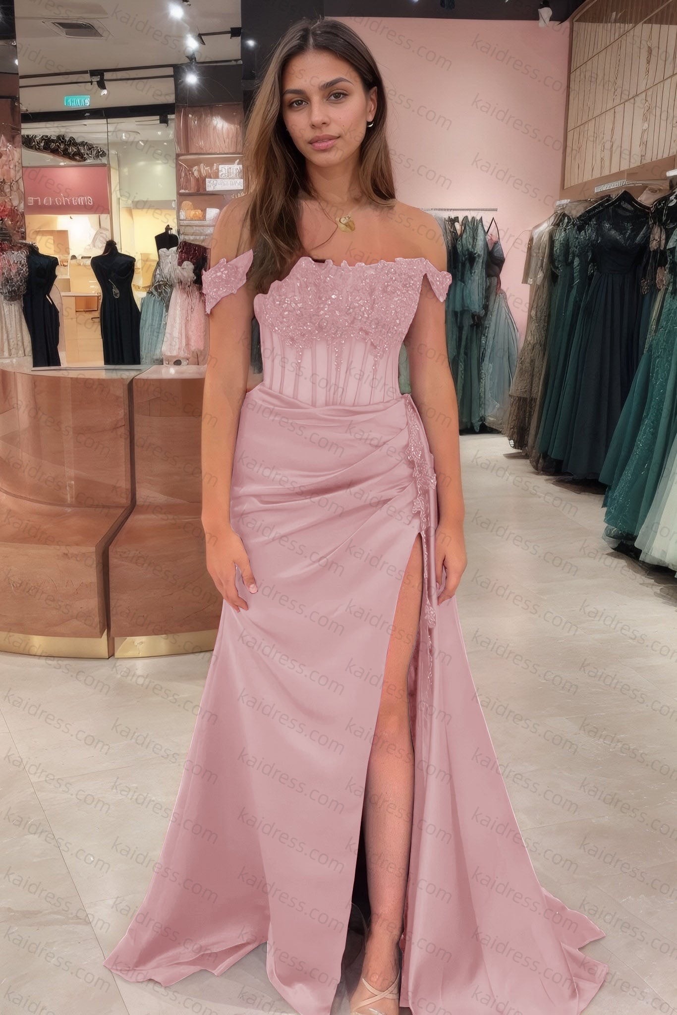 Sheath/Column Off the Shoulder Satin Beaded Prom Dress Burgundy With Appliques Prom Gown