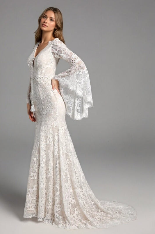 Boho Lace Long Sleeves Wedding Dresses Mermaid Beach Bridal Gowns