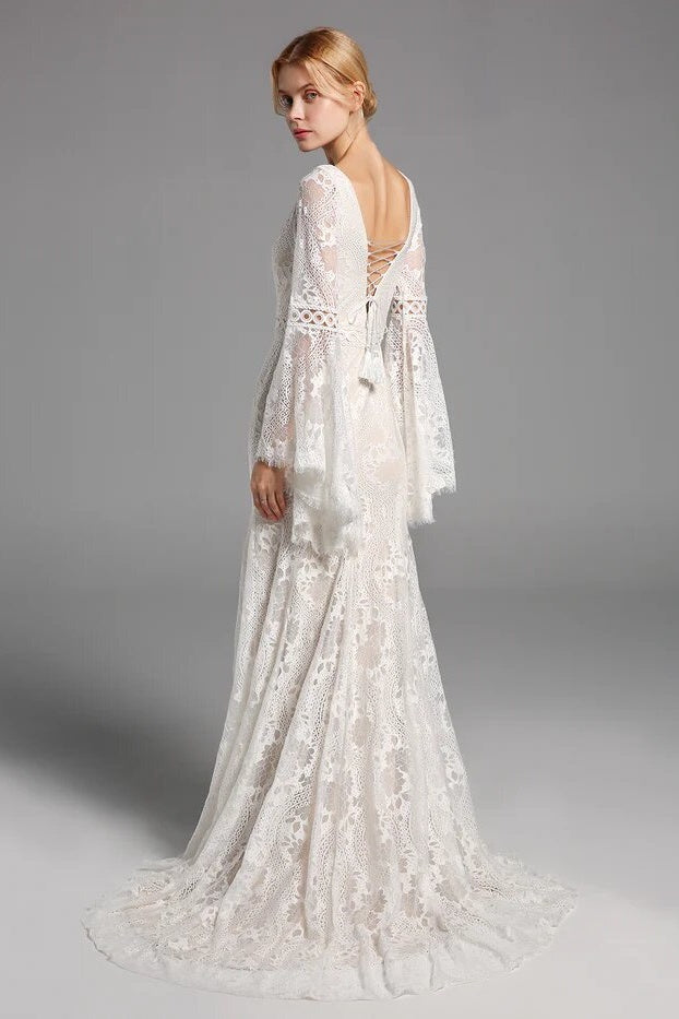 Boho Lace Long Sleeves Wedding Dresses Mermaid Beach Bridal Gowns