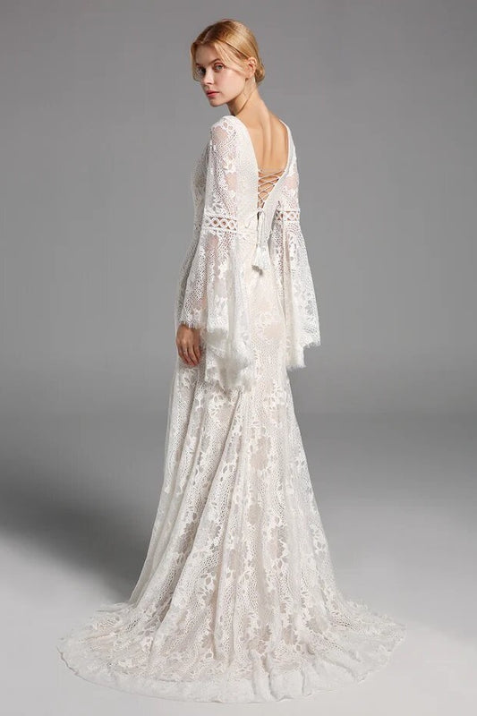 Boho Lace Long Sleeves Wedding Dresses Mermaid Beach Bridal Gowns
